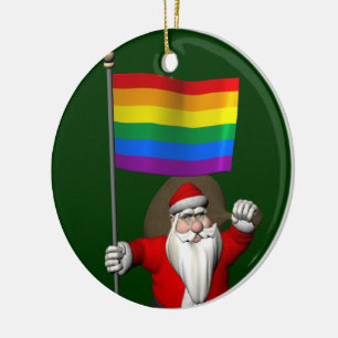Lycklig Jultomten med regnbåge Flagga Julgransprydnad Keramik