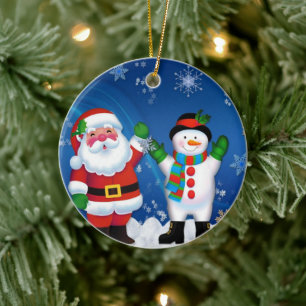 Lycklig Jultomten och Snögubbe Julgransprydnad Keramik