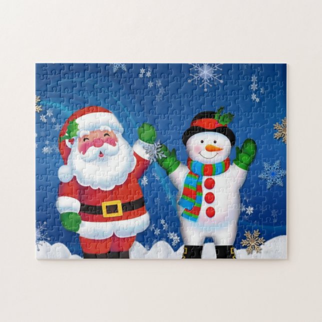 Lycklig Jultomten och Snögubbe Pussel (Horisontell)
