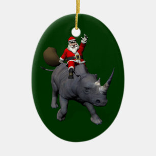 Lycklig Jultomten på Rhino Rhinoceros Julgransprydnad Keramik