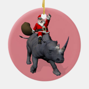 Lycklig Jultomten på Rhino Rhinoceros Julgransprydnad Keramik