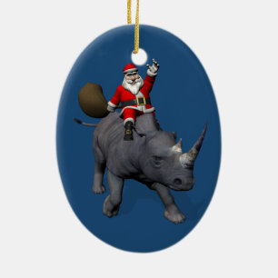 Lycklig Jultomten på Rhino Rhinoceros Julgransprydnad Keramik