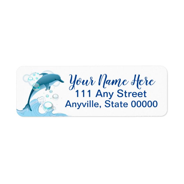 Lycklig Jumping Dolphin med Bubbles Returadress Etikett (Framsidan)
