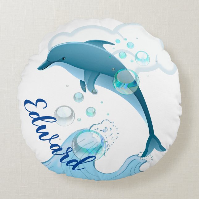 Lycklig Jumping Dolphin med Bubbles Rund Kudde (Framsidan)