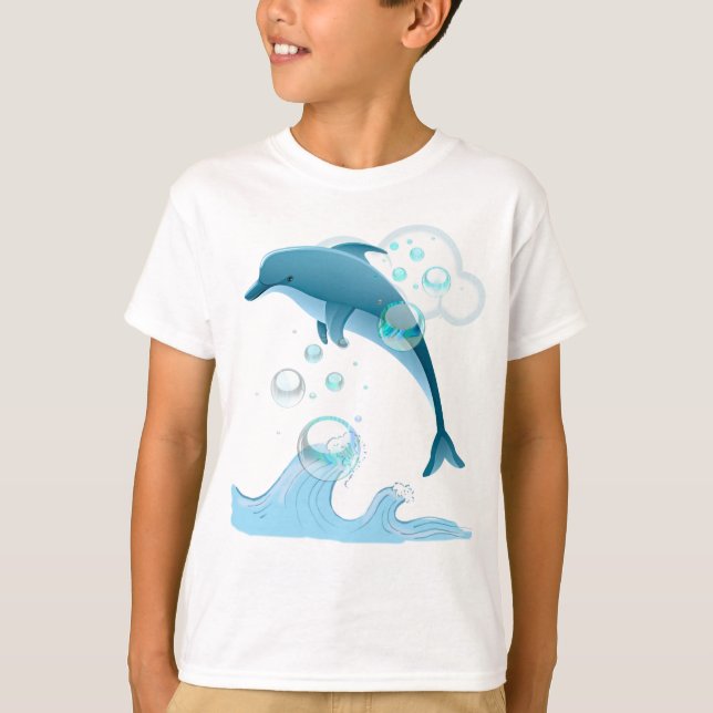 Lycklig Jumping Dolphin med Bubbles T Shirt (Framsida)