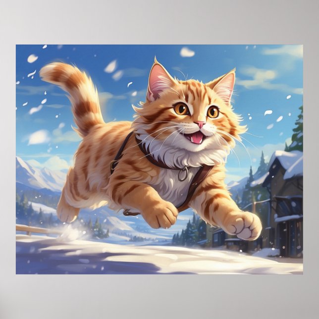 *~* Lycklig Jumping Snö Kattunge 5:4 Kitten Katt A Poster (Framsidan)