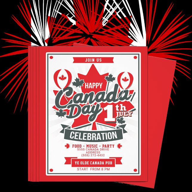 Lycklig Kanada-dagen Firande juli 1:a Party Inbjud Flygblad (Canada Day (formerly Dominion Day), is a federal statutory holiday. July 1, 1867 Canada's birthday.)