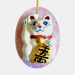 Lycklig katt julgransprydnad keramik
