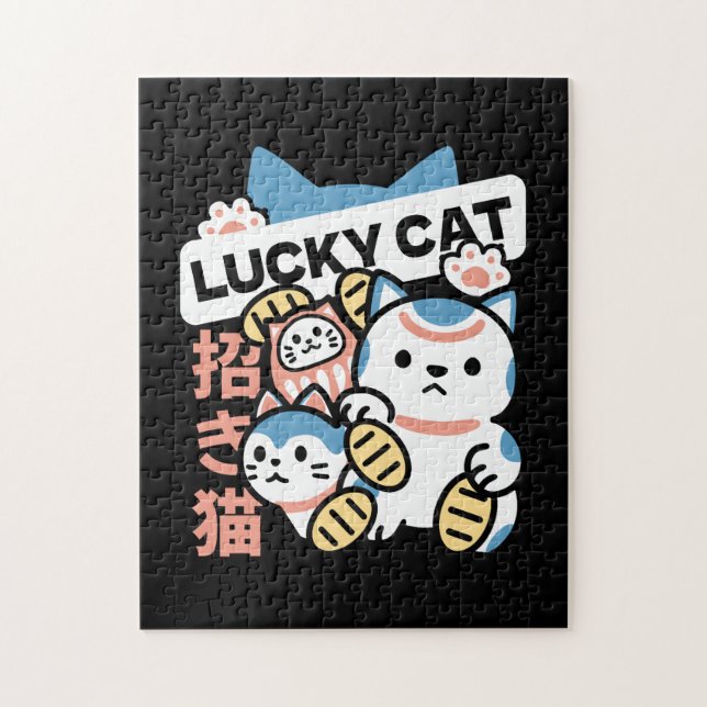 Lycklig Katt Konst – Maneki Neko med Guldmynt Pussel (Vertikal)