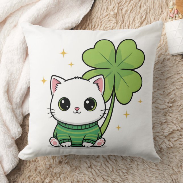 Lycklig Katt Kudd - Kawaii Klöver Design - Söt Kudde (Filt)