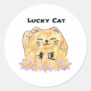 Lycklig katt (Maneki Neko) 1 1/2 Runt Klistermärke