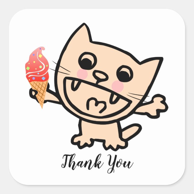 Lycklig-katt med isgrädde fyrkantigt klistermärke (Framsida)