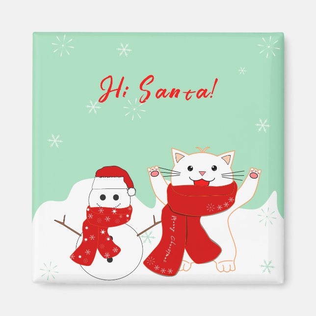 Lycklig Katt med Snögubbe | Kute Julmagnet Magnet (Framsidan)