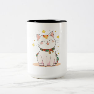 Lycklig Katt med Stjärnor Kawaii Design Två-Tonad Mugg
