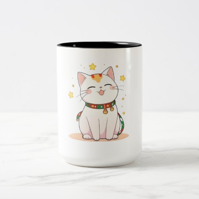 Lycklig Katt med Stjärnor Kawaii Design Två-Tonad Mugg (Center)