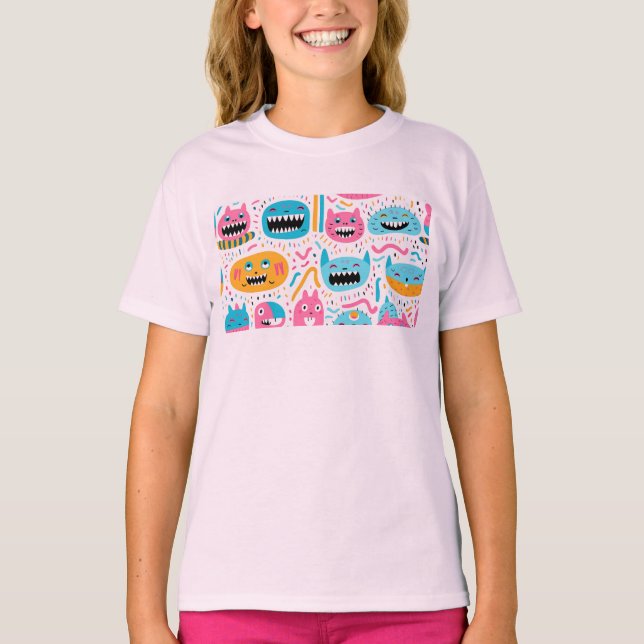 Lycklig, katt och monster ansikte t shirt (Framsida)