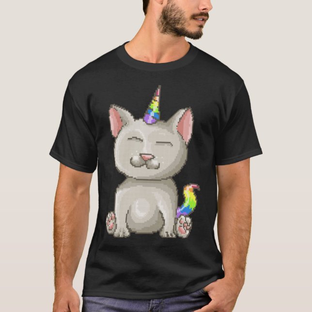 Lycklig Kattunge Pixel Rainbow Cat Unicorn T Shirt (Framsida)