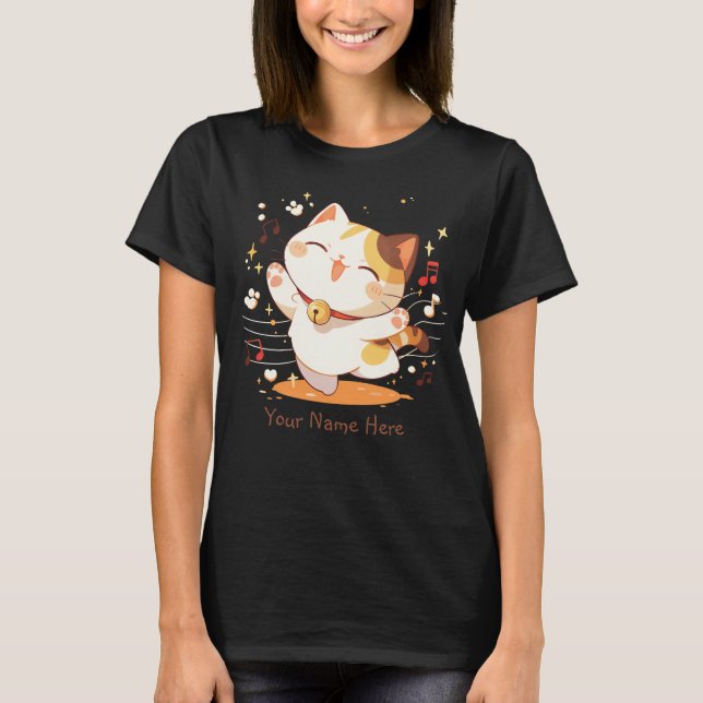 Lycklig Kawaii Calico Cat Dancing to Music T Shirt (Framsida)