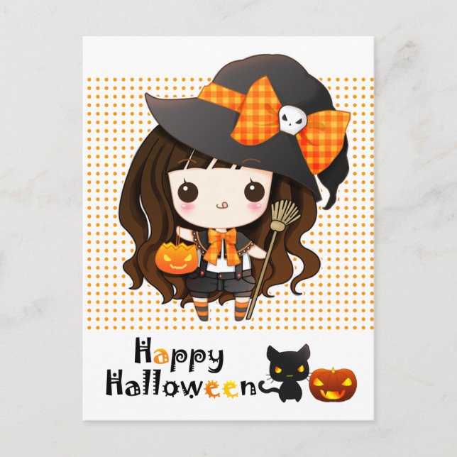 Lycklig Kawaii Halloween Helg Vykort (Framsida)