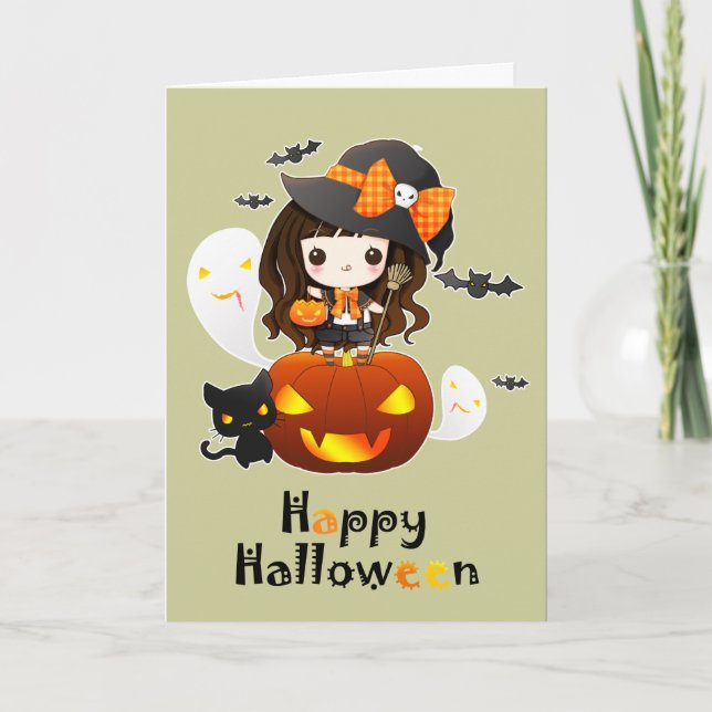 Lycklig Kawaii Halloween Kort (Framsida)