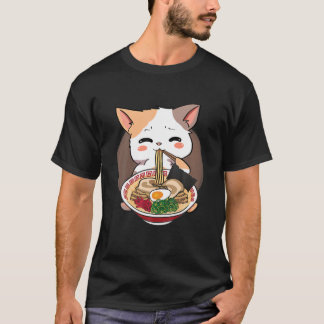Lycklig Kawaii Tricolor Cat Eating Ramen Japansk F T Shirt