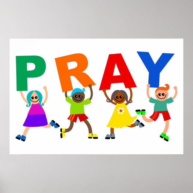 Lycklig Kids Faith Pray Cute Tecknad Expresstext Poster (Framsidan)