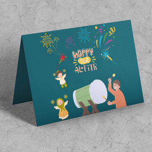 Lycklig Kids Play Fireworks Celebrate Eid Mubarak Kort