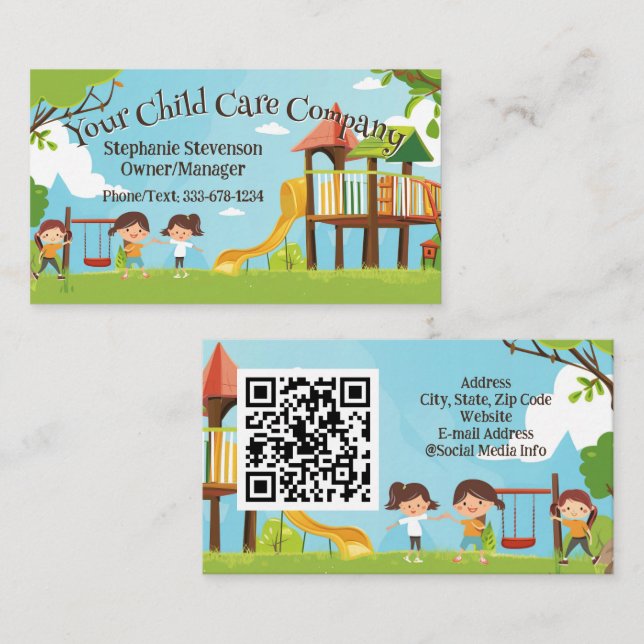 Lycklig Kids Playground Childcare Daycare QR Code Visitkort (Fram/baksida)
