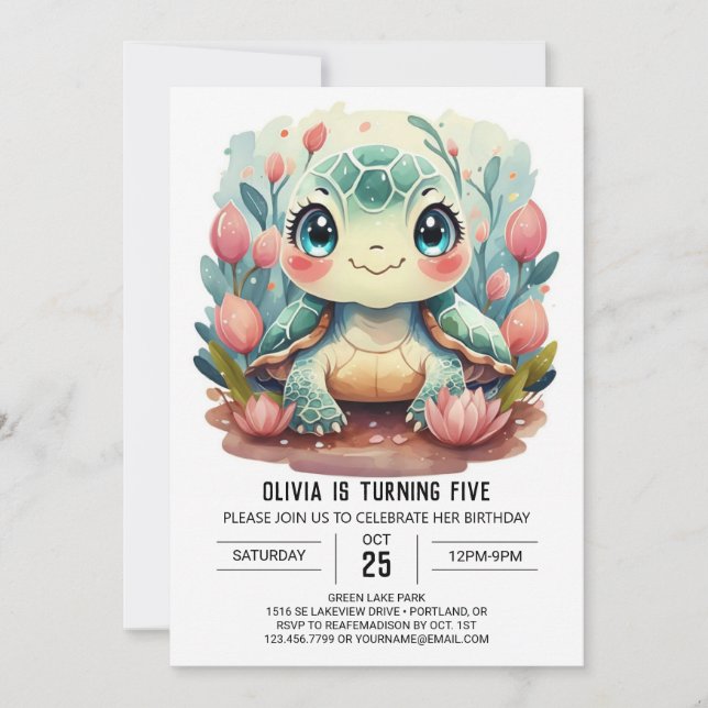 Lycklig Kids Turtle Girl Birthday Inbjudningar (Framsida)