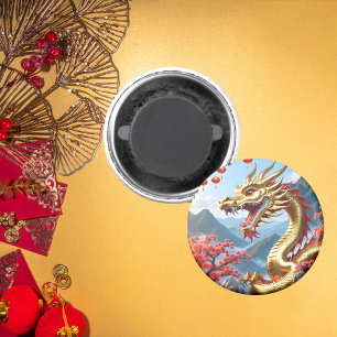 Lycklig Kinesisk New 2024 Golden Dragon Blommigt Magnet