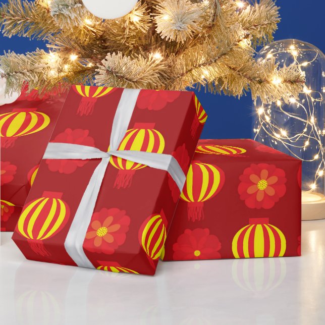 Lycklig Kinesisk nyårsfärgad Gult Lantern blommigt Presentpapper (Helgdagar)