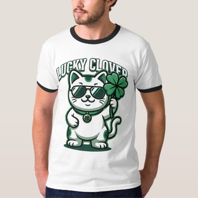 Lycklig Klöver Katt T-Shirt | Rolig St. Patricks D (Framsida)