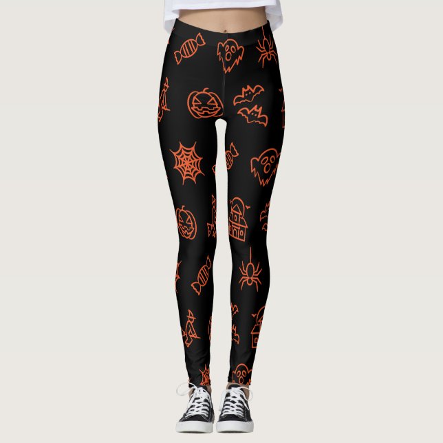 Lycklig kräppy Halloween mönster - Svart och orang Leggings (Framsida)