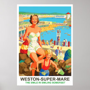 Lycklig kvinna på Weston Toppen Mare Poster