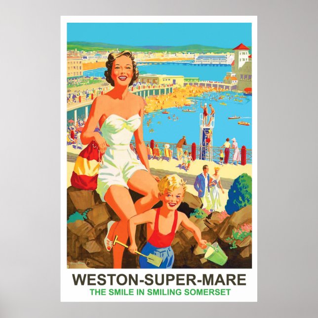 Lycklig kvinna på Weston Toppen Mare Poster (Framsidan)