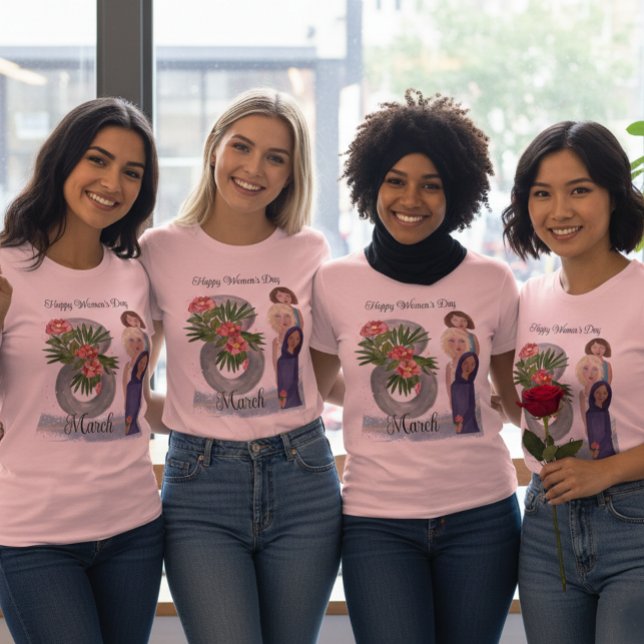 Lycklig kvinnodagen | 8:e mars Rosa T-Shirt (Happy Women's Day  March 8th Pink T-Shirt- showing diversified women matching T_shirt  )