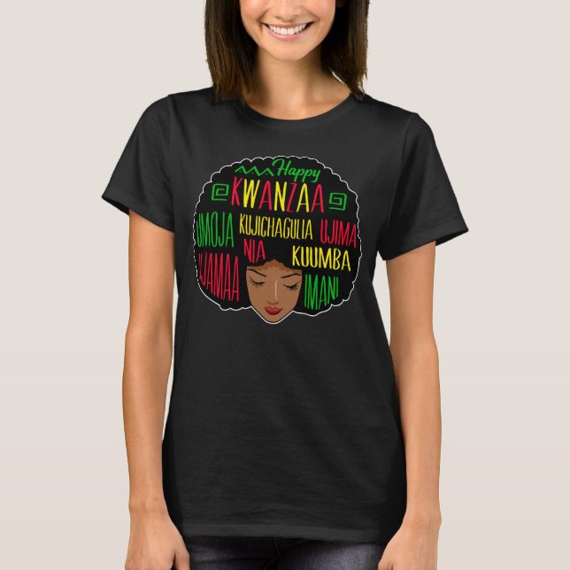 Lycklig Kwanzaa afrikanska Woman Firande T Shirt (Framsida)