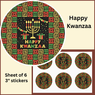 Lycklig Kwanzaa Candles Red Black Grönt Gult Runt Klistermärke