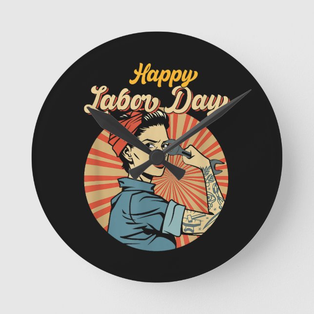 Lycklig Labour Day Girl Strong Worker Movloy Emplo Rund Klocka (Framsida)