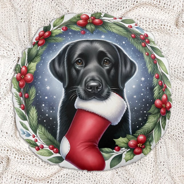 Lycklig Labrador Retriever-Hund (julkrans) Rund Kudde (Skapare uppladdad)