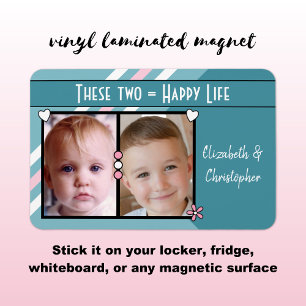 Lycklig lägger till 2 foton och namn turkos rosa magnet