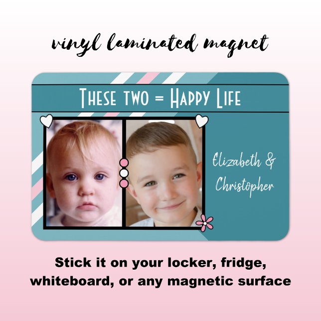 Lycklig lägger till 2 foton och namn turkos rosa magnet (Skapare uppladdad)