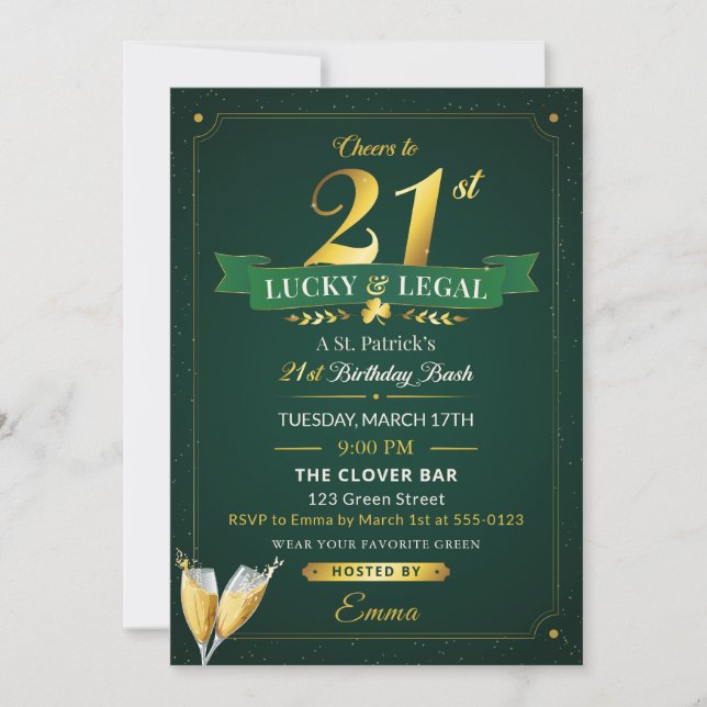 Lycklig & Laglig 21-årsdag Grön & Guld Glitter Inbjudningar (Framsida)