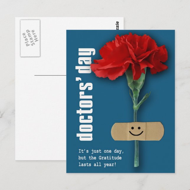 Lycklig Läkare Dagen. Red Carnation Vykort (Fram/baksida)