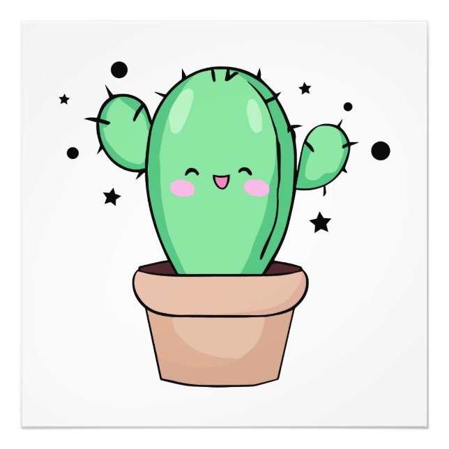 Lycklig leende baby cactus i vas med stjärnor. fototryck (Framsidan)