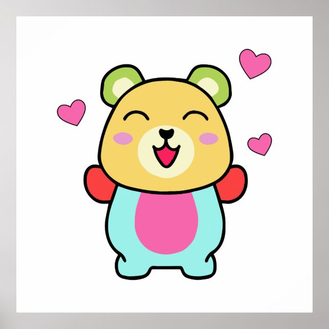 Lycklig leende baby nalle med kärlek hjärtan. poster (Framsidan)