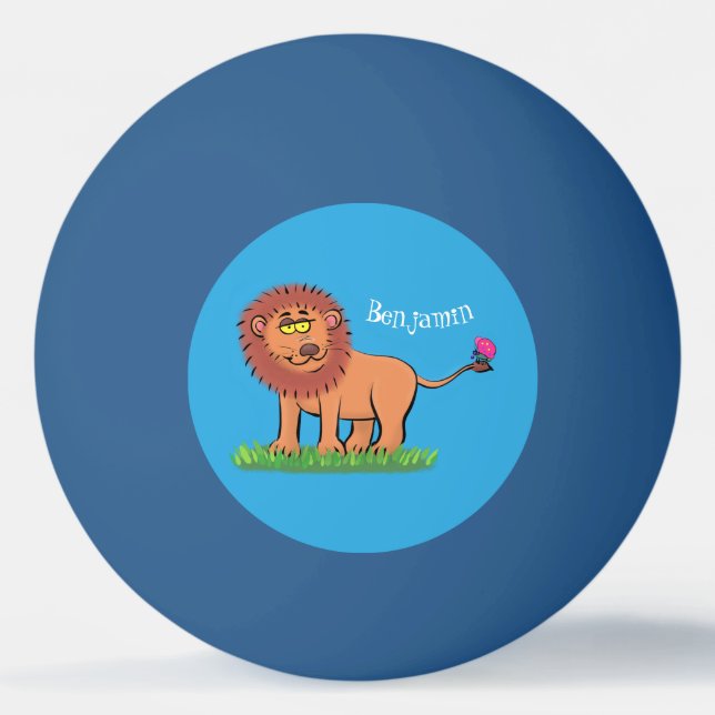 Lycklig lejon med tecknad av fjäril pingisboll (Framsidan)