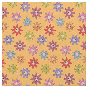 Lycklig Lekande färgstarka Retro-blommor på Gult Tyg
