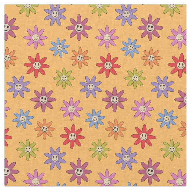 Lycklig Lekande färgstarka Retro-blommor på Gult Tyg (Närbild)