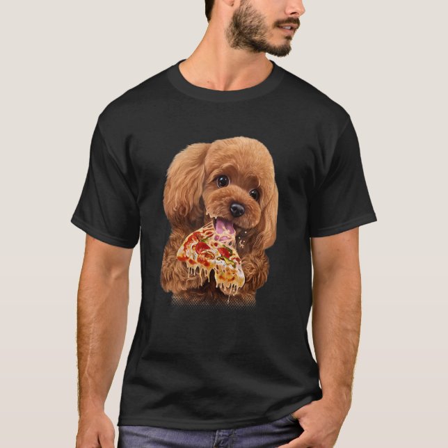 Lycklig Leksak Pudel Hund Eating Pizza T Shirt (Framsida)